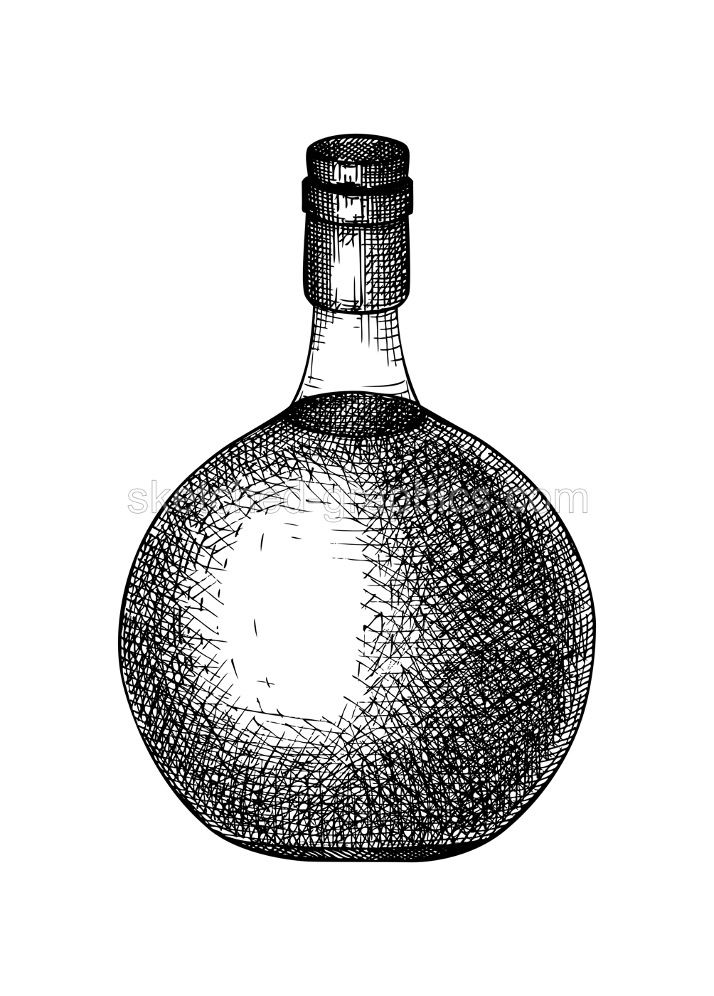 Hand-sketched brandy bottle illustration. Vector sketch of alcoholic drink in a glassware. Alcohol beverage bottle hand-drawing isolated on white Illustration